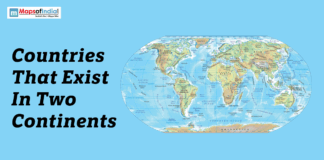 Countries That Exist In Two Continents Illustration of a world map with the title “Countries That Exist In Two Continents” on a blue background.