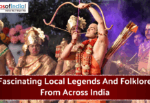 Fascinating Local Legends And Folklores From Across India Dramatic stage performance depicting Indian mythological legends and folklore characters in traditional attire.