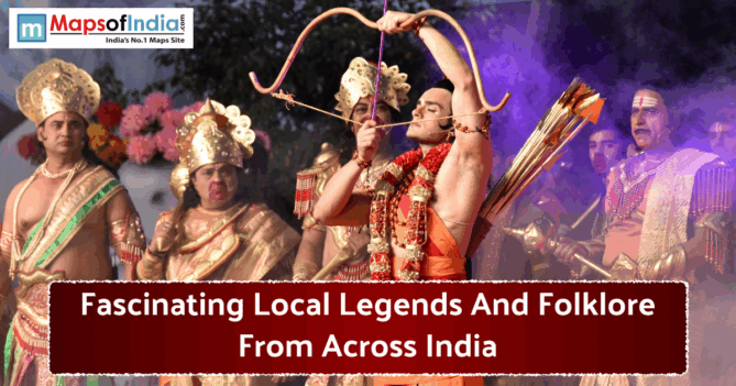 Dramatic stage performance depicting Indian mythological legends and folklore characters in traditional attire.