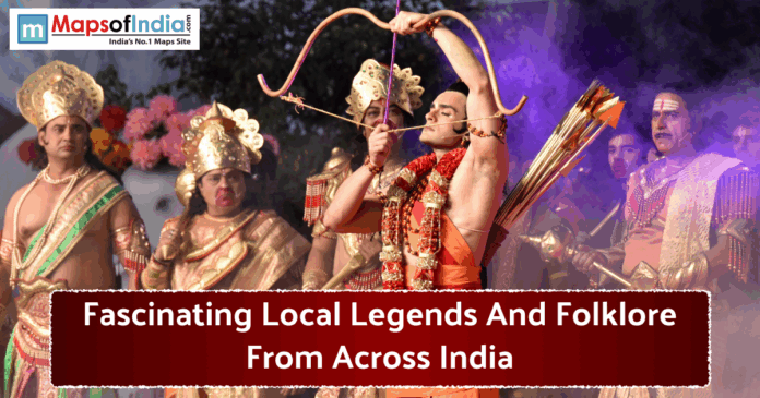 Fascinating local Legends and Folklore Dramatic stage performance depicting Indian mythological legends and folklore characters in traditional attire.