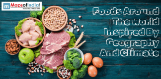 Foods Around The World Inspired By Geography And Climate Assorted raw proteins and produce with text: "Foods Around The World Inspired By Geography And Climate."