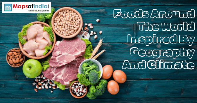 Assorted raw proteins and produce with text: "Foods Around The World Inspired By Geography And Climate."