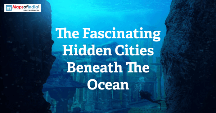 Hidden cities Illustration of an ancient hidden underwater city beneath the ocean with ruins, deep blue water, and a diver exploring submerged structures.