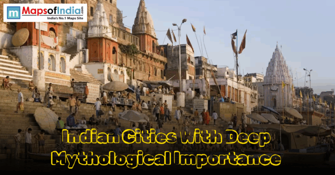 Crowded riverfront ghat in India with temples and text: "Indian Cities With Deep Mythological Importance."
