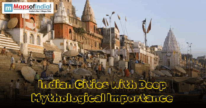 Crowded riverfront ghat in India with temples and text: "Indian Cities With Deep Mythological Importance."