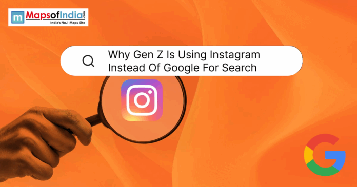 Instagram Illustration showing why Gen Z prefers Instagram over Google for search with Instagram logo under a magnifying glass.