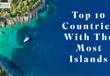 Top 10 Countries With The Most Islands Aerial view of a tropical island coastline with turquoise water and a yacht, featuring the title “Top 10 Countries With The Most Islands”