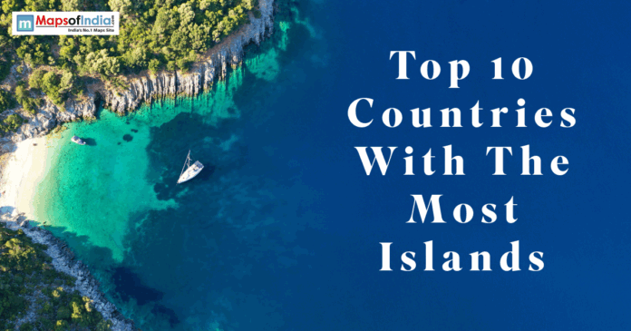 Island Aerial view of a tropical island coastline with turquoise water and a yacht, featuring the title “Top 10 Countries With The Most Islands”