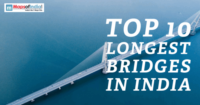 Aerial view of a long sea bridge with text reading “Top 10 Longest Bridges in India”.