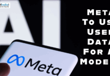 Meta to Use User Data for AI Models Close-up of a smartphone displaying the Meta logo against a blurred AI background, featured in a news graphic about Meta using user data for AI models.