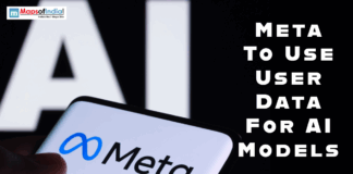 Meta to Use User Data for AI Models Close-up of a smartphone displaying the Meta logo against a blurred AI background, featured in a news graphic about Meta using user data for AI models.