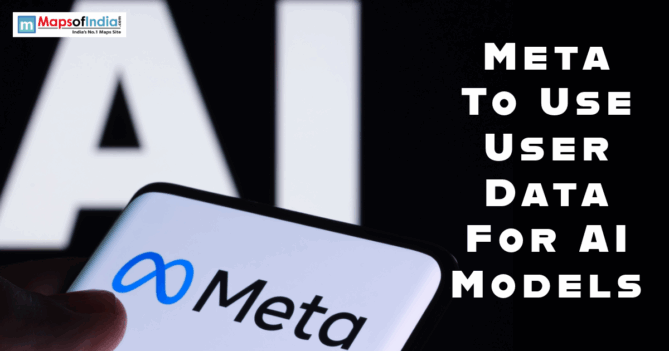 Close-up of a smartphone displaying the Meta logo against a blurred AI background, featured in a news graphic about Meta using user data for AI models.