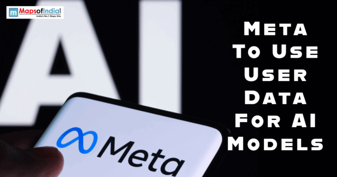 Meta ai Close-up of a smartphone displaying the Meta logo against a blurred AI background, featured in a news graphic about Meta using user data for AI models.