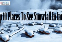 Top 10 Places To See Snowfall in India A snowy mountain landscape in India featuring small wooden huts covered in thick snow with text overlay reading "Top 10 Places To See Snowfall In India" and a Maps of India logo.