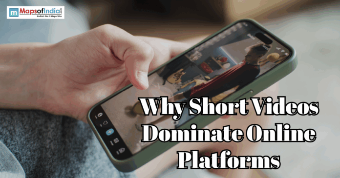 Shorts videos Hand holding a smartphone displaying short video content with the text “Why Short Videos Dominate Online Platforms”.