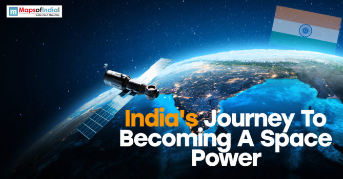 Satellite orbiting Earth with India’s flag highlighting India’s journey to becoming a global space power.