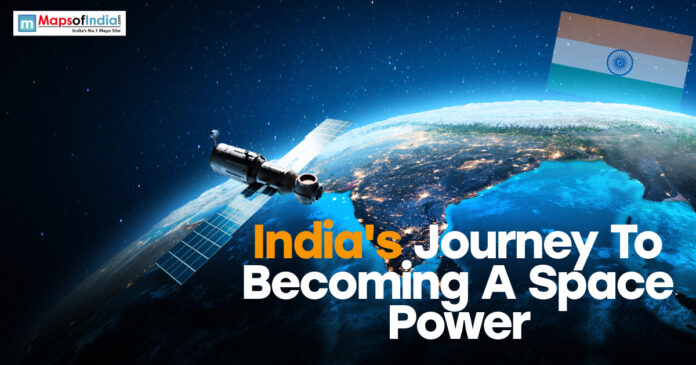 Satellite orbiting Earth with India’s flag highlighting India’s journey to becoming a global space power.