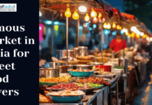 Famous Markets in India for Street Food Lovers Street food stalls in an Indian market with colorful lights and various dishes displayed for food lovers.