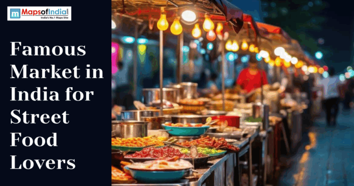 Street food Street food stalls in an Indian market with colorful lights and various dishes displayed for food lovers.