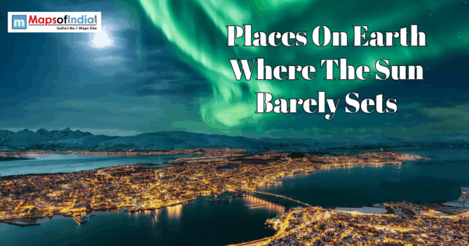 Aerial view of a coastal city under the Northern Lights with text: "Places On Earth Where The Sun Barely Sets."