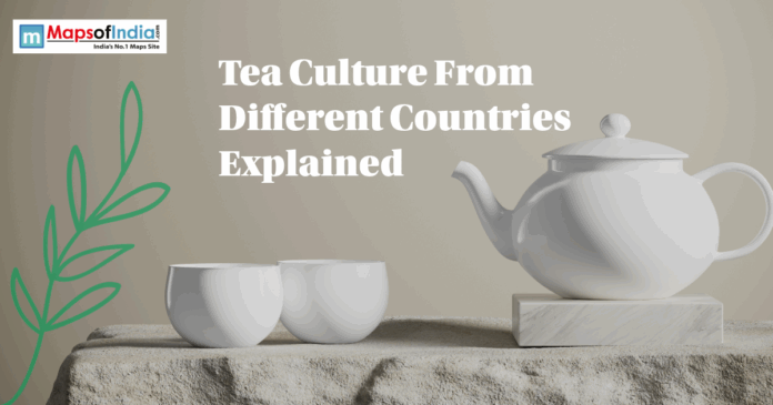 White teapot and cups on stone with text: "Tea Culture From Different Countries Explained."