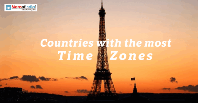 Silhouette of the Eiffel Tower at sunset with the text “Countries with the most Time Zones” on the image.