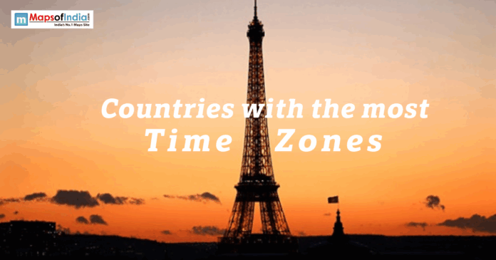 Time zone Silhouette of the Eiffel Tower at sunset with the text “Countries with the most Time Zones” on the image.