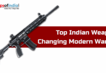 Top Indian Weapons Changing Modern Warfare An assault rifle on a white and red background with text "Top Indian Weapons Changing Modern Warfare" and Maps of India logo.