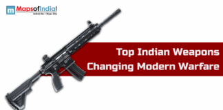 Top Indian Weapons Changing Modern Warfare An assault rifle on a white and red background with text "Top Indian Weapons Changing Modern Warfare" and Maps of India logo.