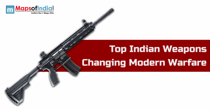 An assault rifle on a white and red background with text "Top Indian Weapons Changing Modern Warfare" and Maps of India logo.