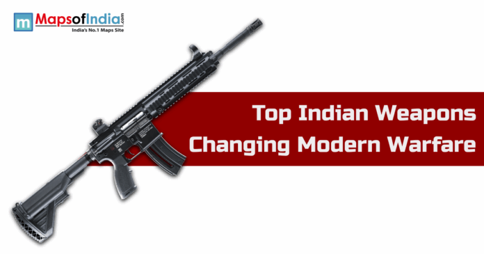 Top Indian Weapons An assault rifle on a white and red background with text "Top Indian Weapons Changing Modern Warfare" and Maps of India logo.