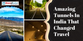 Amazing Tunnels In India That Changed Travel Collage featuring railway and road tunnels with the title “Amazing Tunnels In India That Changed Travel” and Maps of India logo.