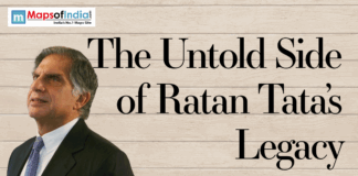 The Untold Side of Ratan Tata’s Legacy Portrait of Ratan Tata with the title “The Untold Side of Ratan Tata’s Legacy” on a wooden background, featuring Maps of India branding.