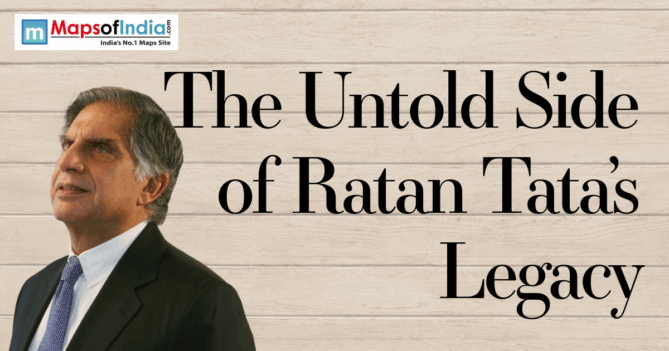 Portrait of Ratan Tata with the title “The Untold Side of Ratan Tata’s Legacy” on a wooden background, featuring Maps of India branding.