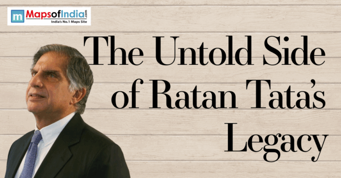 Portrait of Ratan Tata with the title “The Untold Side of Ratan Tata’s Legacy” on a wooden background, featuring Maps of India branding.