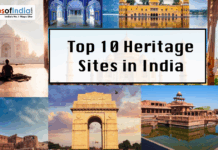 Top 10 Heritage Sites in India A collage of famous Indian landmarks, including the Taj Mahal, India Gate, and Qutub Minar, with central text reading "Top 10 Heritage Sites in India."