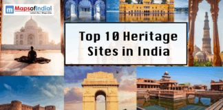 Top 10 Heritage Sites in India A collage of famous Indian landmarks, including the Taj Mahal, India Gate, and Qutub Minar, with central text reading "Top 10 Heritage Sites in India."