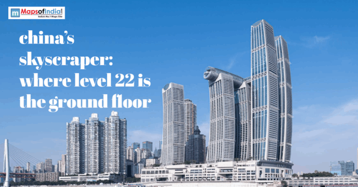 China skyscraper with unique design highlighting the building where Level 22 serves as the ground floor.