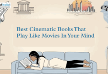 Best Cinematic Books That Play Like Movies In Your Mind Illustration of a person reading on a sofa with the title “Best Cinematic Books That Play Like Movies In Your Mind” and movie-themed graphics.