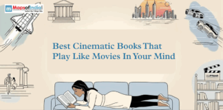 Best Cinematic Books That Play Like Movies In Your Mind Illustration of a person reading on a sofa with the title “Best Cinematic Books That Play Like Movies In Your Mind” and movie-themed graphics.