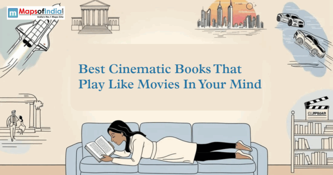 Illustration of a person reading on a sofa with the title “Best Cinematic Books That Play Like Movies In Your Mind” and movie-themed graphics.