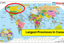 Largest Provinces in Canada World map highlighting Canada in North America with a focus on the largest provinces in Canada, shown on a colorful political world map.