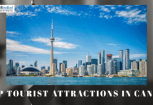 Top Tourist Attractions in Canada Toronto skyline featuring the iconic CN Tower along the waterfront, with text highlighting the top tourist attractions in Canada.