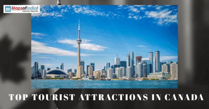 Toronto skyline featuring the iconic CN Tower along the waterfront, with text highlighting the top tourist attractions in Canada.