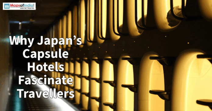 Rows of illuminated capsule hotel pods in Japan, highlighting the compact and futuristic accommodation style popular among travelers.