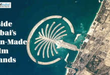 Inside Dubai’s ManMade Palm Islands Aerial view of Dubai's Palm Jumeirah, the iconic palm tree-shaped man-made island, with surrounding coastline and the title "Inside Dubai's Man-Made Palm Islands."