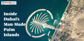 Inside Dubai’s ManMade Palm Islands Aerial view of Dubai's Palm Jumeirah, the iconic palm tree-shaped man-made island, with surrounding coastline and the title "Inside Dubai's Man-Made Palm Islands."