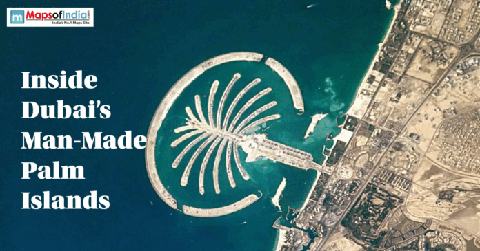Aerial view of Dubai's Palm Jumeirah, the iconic palm tree-shaped man-made island, with surrounding coastline and the title "Inside Dubai's Man-Made Palm Islands."