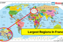 Largest Regions in France World map highlighting France and its location in Europe, illustrating the largest regions in France with a zoomed-in view of the country.