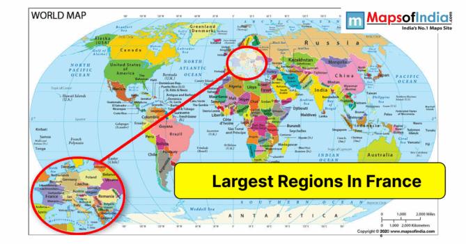 World map highlighting France and its location in Europe, illustrating the largest regions in France with a zoomed-in view of the country.